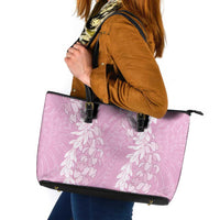 Puakenikeni and Maile Lei Leather Tote Bag Pink Double Strand Lei