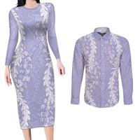 Puakenikeni and Maile Lei Couples Matching Long Sleeve Bodycon Dress and Long Sleeve Button Shirt Purple Double Strand Lei LT9 Purple - Polynesian Pride