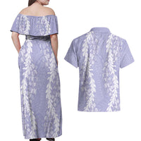 Puakenikeni and Maile Lei Couples Matching Off Shoulder Maxi Dress and Hawaiian Shirt Purple Double Strand Lei LT9 - Polynesian Pride