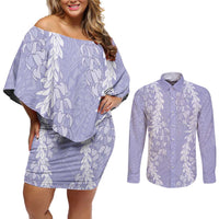 Puakenikeni and Maile Lei Couples Matching Off Shoulder Short Dress and Long Sleeve Button Shirt Purple Double Strand Lei LT9 Purple - Polynesian Pride