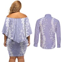 Puakenikeni and Maile Lei Couples Matching Off Shoulder Short Dress and Long Sleeve Button Shirt Purple Double Strand Lei LT9 - Polynesian Pride