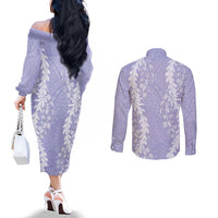 Puakenikeni and Maile Lei Couples Matching Off The Shoulder Long Sleeve Dress and Long Sleeve Button Shirt Purple Double Strand Lei LT9 - Polynesian Pride