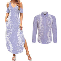 Puakenikeni and Maile Lei Couples Matching Summer Maxi Dress and Long Sleeve Button Shirt Purple Double Strand Lei LT9 Purple - Polynesian Pride