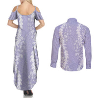 Puakenikeni and Maile Lei Couples Matching Summer Maxi Dress and Long Sleeve Button Shirt Purple Double Strand Lei LT9 - Polynesian Pride