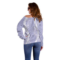 Puakenikeni and Maile Lei Off Shoulder Sweater Purple Double Strand Lei