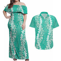 Puakenikeni and Maile Lei Couples Matching Off Shoulder Maxi Dress and Hawaiian Shirt Sage Green Double Strand Lei LT9 Sage Green - Polynesian Pride
