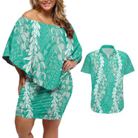 Puakenikeni and Maile Lei Couples Matching Off Shoulder Short Dress and Hawaiian Shirt Sage Green Double Strand Lei LT9 Sage Green - Polynesian Pride