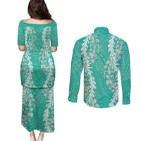 Puakenikeni and Maile Lei Couples Matching Puletasi and Long Sleeve Button Shirt Sage Green Double Strand Lei LT9 - Polynesian Pride