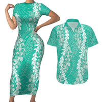 Puakenikeni and Maile Lei Couples Matching Short Sleeve Bodycon Dress and Hawaiian Shirt Sage Green Double Strand Lei LT9 Sage Green - Polynesian Pride