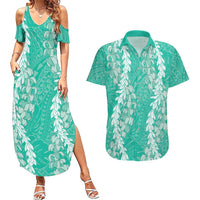Puakenikeni and Maile Lei Couples Matching Summer Maxi Dress and Hawaiian Shirt Sage Green Double Strand Lei LT9 Sage Green - Polynesian Pride