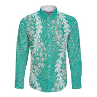 Puakenikeni and Maile Lei Long Sleeve Button Shirt Sage Green Double Strand Lei