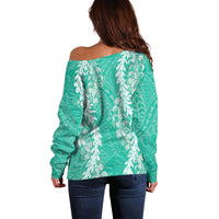 Puakenikeni and Maile Lei Off Shoulder Sweater Sage Green Double Strand Lei
