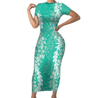 Puakenikeni and Maile Lei Short Sleeve Bodycon Dress Sage Green Double Strand Lei LT9 Long Dress Sage Green - Polynesian Pride