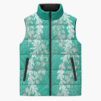 Puakenikeni and Maile Lei Sleeveless Puffer Jacket Sage Green Double Strand Lei - Polynesian Pride