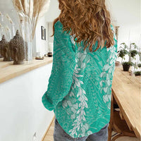 Puakenikeni and Maile Lei Women Casual Shirt Sage Green Double Strand Lei LT9 - Polynesian Pride