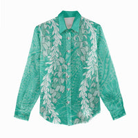Puakenikeni and Maile Lei Women Casual Shirt Sage Green Double Strand Lei LT9 - Polynesian Pride