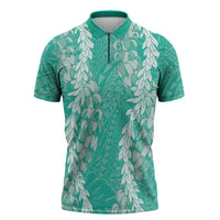 Puakenikeni and Maile Lei Zipper Polo Shirt Sage Green Double Strand Lei LT9 Sage Green - Polynesian Pride