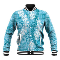 Blue Puakenikeni and Maile Lei Baseball Jacket Hawaiian Style Tribal Tapa Double Strand Lei LT9 Unisex Blue - Polynesian Pride