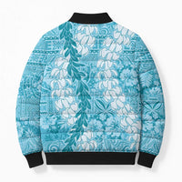 Blue Puakenikeni and Maile Lei Bomber Puffer Jacket Hawaiian Style Tribal Tapa Double Strand Lei LT9 - Polynesian Pride