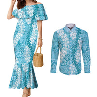 Blue Puakenikeni and Maile Lei Couples Matching Mermaid Dress and Long Sleeve Button Shirt Hawaiian Style Tribal Tapa Double Strand Lei LT9 Blue - Polynesian Pride