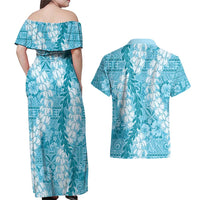 Blue Puakenikeni and Maile Lei Couples Matching Off Shoulder Maxi Dress and Hawaiian Shirt Hawaiian Style Tribal Tapa Double Strand Lei LT9 - Polynesian Pride