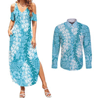 Blue Puakenikeni and Maile Lei Couples Matching Summer Maxi Dress and Long Sleeve Button Shirt Hawaiian Style Tribal Tapa Double Strand Lei LT9 Blue - Polynesian Pride