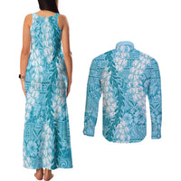Blue Puakenikeni and Maile Lei Couples Matching Tank Maxi Dress and Long Sleeve Button Shirt Hawaiian Style Tribal Tapa Double Strand Lei LT9 - Polynesian Pride