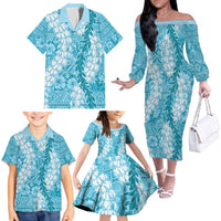 Blue Puakenikeni and Maile Lei Family Matching Off The Shoulder Long Sleeve Dress and Hawaiian Shirt Hawaiian Style Tribal Tapa Double Strand Lei LT9 - Polynesian Pride