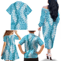 Blue Puakenikeni and Maile Lei Family Matching Off The Shoulder Long Sleeve Dress and Hawaiian Shirt Hawaiian Style Tribal Tapa Double Strand Lei LT9 - Polynesian Pride