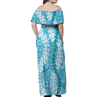 Blue Puakenikeni and Maile Lei Family Matching Off Shoulder Maxi Dress and Hawaiian Shirt Hawaiian Style Tribal Tapa Double Strand Lei LT9 - Polynesian Pride