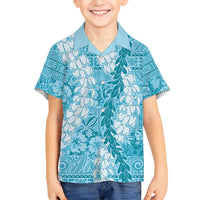 Blue Puakenikeni and Maile Lei Family Matching Puletasi and Hawaiian Shirt Hawaiian Style Tribal Tapa Double Strand Lei LT9 Son's Shirt Blue - Polynesian Pride