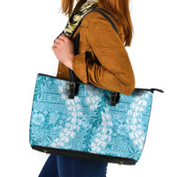 Blue Puakenikeni and Maile Lei Leather Tote Bag Hawaiian Style Tribal Tapa Double Strand Lei LT9 Blue - Polynesian Pride