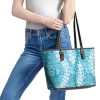 Blue Puakenikeni and Maile Lei Leather Tote Bag Hawaiian Style Tribal Tapa Double Strand Lei LT9 - Polynesian Pride