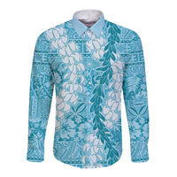Blue Puakenikeni and Maile Lei Long Sleeve Button Shirt Hawaiian Style Tribal Tapa Double Strand Lei LT9 Unisex Blue - Polynesian Pride