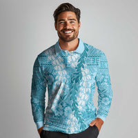 Blue Puakenikeni and Maile Lei Long Sleeve Polo Shirt Hawaiian Style Tribal Tapa Double Strand Lei LT9 - Polynesian Pride