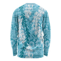 Blue Puakenikeni and Maile Lei Long Sleeve Shirt Hawaiian Style Tribal Tapa Double Strand Lei LT9 - Polynesian Pride