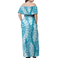 Blue Puakenikeni and Maile Lei Off Shoulder Maxi Dress Hawaiian Style Tribal Tapa Double Strand Lei LT9 - Polynesian Pride