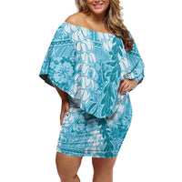 Blue Puakenikeni and Maile Lei Off Shoulder Short Dress Hawaiian Style Tribal Tapa Double Strand Lei LT9 Women Blue - Polynesian Pride