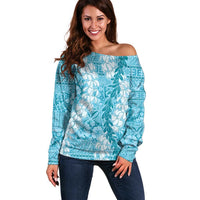 Blue Puakenikeni and Maile Lei Off Shoulder Sweater Hawaiian Style Tribal Tapa Double Strand Lei LT9 Women Blue - Polynesian Pride