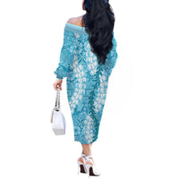 Blue Puakenikeni and Maile Lei Off The Shoulder Long Sleeve Dress Hawaiian Style Tribal Tapa Double Strand Lei LT9 - Polynesian Pride