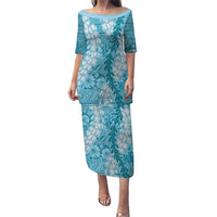 Blue Puakenikeni and Maile Lei Puletasi Hawaiian Style Tribal Tapa Double Strand Lei LT9 Long Dress Blue - Polynesian Pride