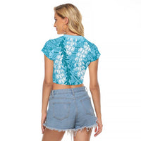Blue Puakenikeni and Maile Lei Raglan Cropped T Shirt Hawaiian Style Tribal Tapa Double Strand Lei LT9 - Polynesian Pride
