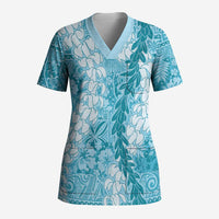 Blue Puakenikeni and Maile Lei Scrub Top Hawaiian Style Tribal Tapa Double Strand Lei LT9 Adult Blue - Polynesian Pride