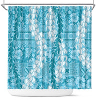 Blue Puakenikeni and Maile Lei Shower Curtain Hawaiian Style Tribal Tapa Double Strand Lei LT9 Blue - Polynesian Pride