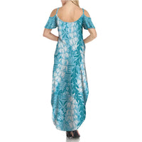 Blue Puakenikeni and Maile Lei Summer Maxi Dress Hawaiian Style Tribal Tapa Double Strand Lei LT9 - Polynesian Pride