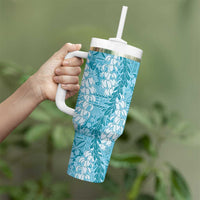 Blue Puakenikeni and Maile Lei Tumbler With Handle Hawaiian Style Tribal Tapa Double Strand Lei LT9 - Polynesian Pride