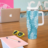 Blue Puakenikeni and Maile Lei Tumbler With Handle Hawaiian Style Tribal Tapa Double Strand Lei LT9 - Polynesian Pride
