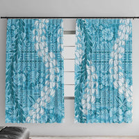 Blue Puakenikeni and Maile Lei Window Curtain Hawaiian Style Tribal Tapa Double Strand Lei LT9 With Hooks Blue - Polynesian Pride