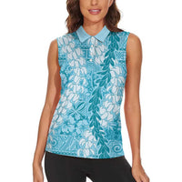 Blue Puakenikeni and Maile Lei Women Sleeveless Polo Shirt Hawaiian Style Tribal Tapa Double Strand Lei LT9 - Polynesian Pride