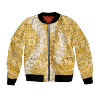 Gold Puakenikeni and Maile Lei Bomber Jacket Hawaiian Style Tribal Tapa Double Strand Lei LT9 Unisex Gold - Polynesian Pride